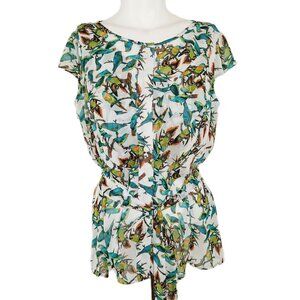 East 5th Pleated Front Bird Print Top  PM Medium Button Dn sheer back Light EUC